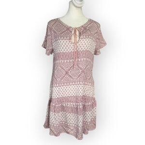Jessica Johnson Boho Mini Dress Women's XS Pink White Geometric Pattern Pullover